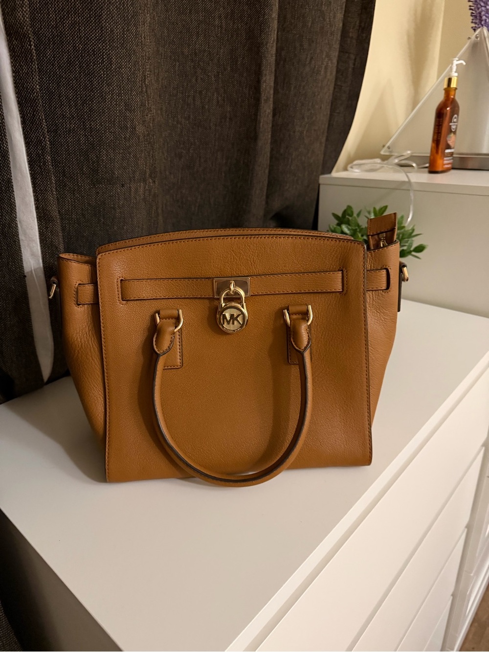 Michael Kors Cognac Pebbled Leather Satchel with Gold Hardware